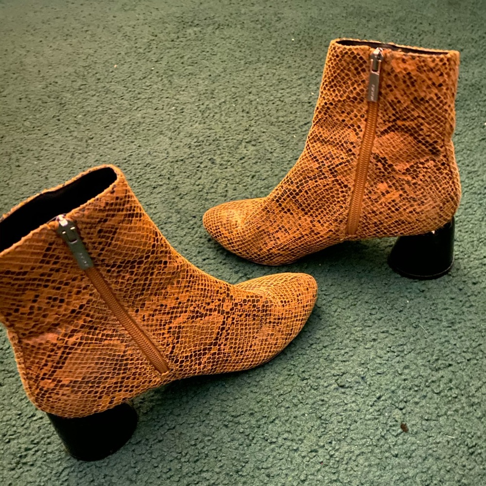 Mustard snakeskin round heel ankle booties